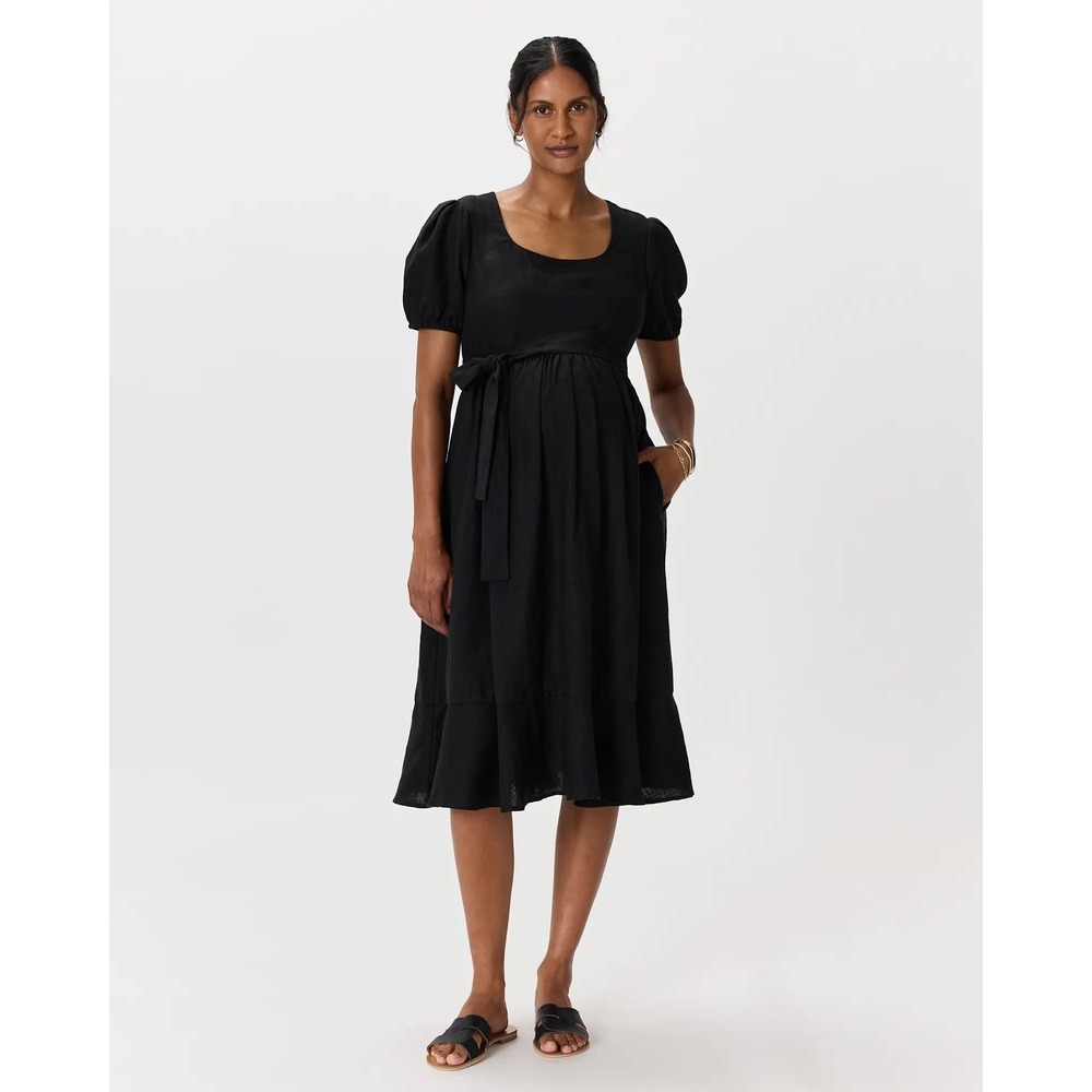 Quince 100% European Linen Fit and Flare Midi Dress Black Short Puff Sleeve M